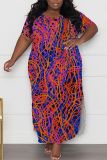 Rose Red Casual Print Slit O Neck Long Plus Size Dresses