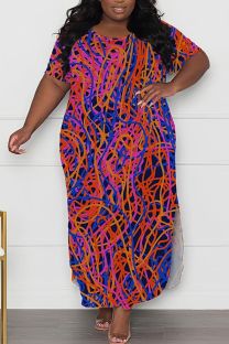 Multicolor Casual Print Slit O Neck Long Plus Size Dresses