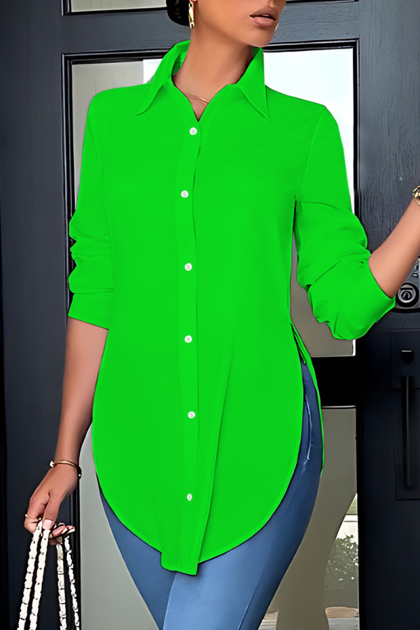 Green Casual Solid Patchwork Shirt Collar Tops