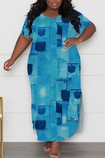 Blue Casual Print Slit O Neck Long Plus Size Dresses