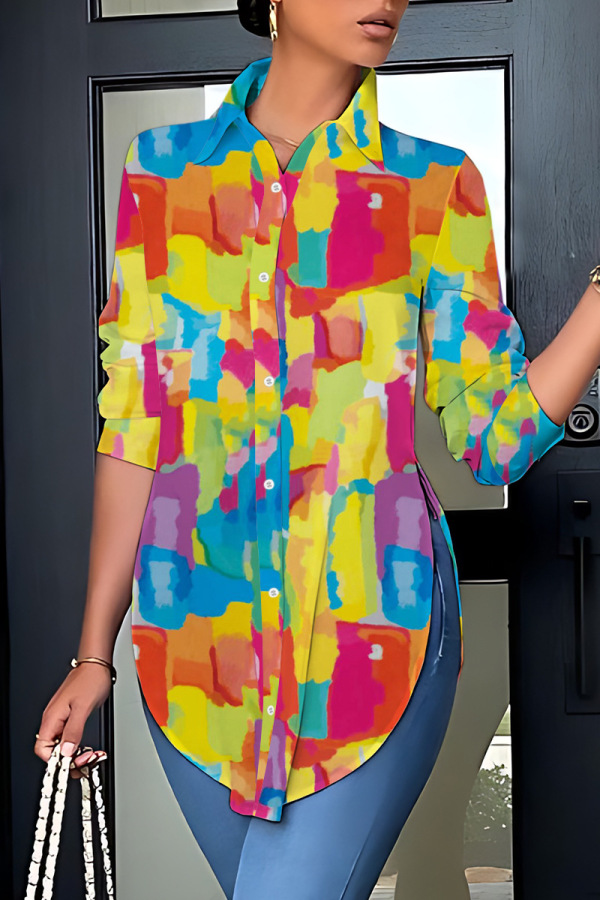 Yellow Casual Print Patchwork Buttons Slit Shirt Collar Tops