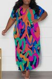 Colour Casual Print Slit O Neck Long Plus Size Dresses