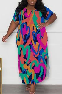 Multi-color Casual Print Slit O Neck Long Plus Size Dresses