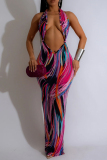 Green Sexy Print Hollowed Out Patchwork Backless Slit V Neck Long Dresses