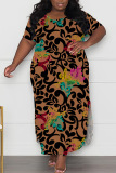 Green Casual Print Slit O Neck Long Plus Size Dresses