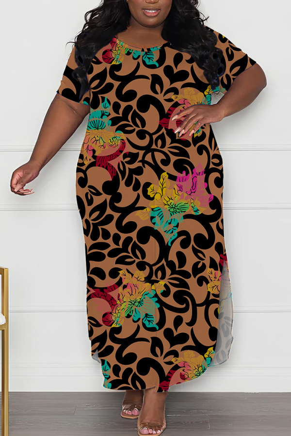 Coffee Casual Print Slit O Neck Long Plus Size Dresses