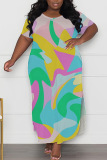 Multicolor Casual Print Slit O Neck Long Plus Size Dresses