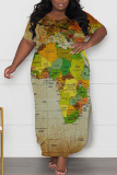 Green Casual Print Slit O Neck Long Plus Size Dresses