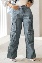 Light Blue Casual Solid Patchwork Pocket High Waist Regular Denim Jeans
