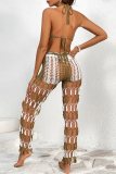 Yellow Sexy Patchwork Bandage Hollowed Out Backless Contrast Halter Sleeveless Two Pieces