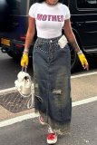 Dark Gray Casual Solid Ripped Patchwork High Waist Skinny Denim Skirts