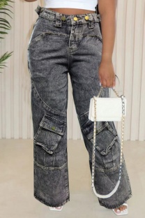 Deep Blue Casual Solid Patchwork Pocket High Waist Straight Denim Jeans