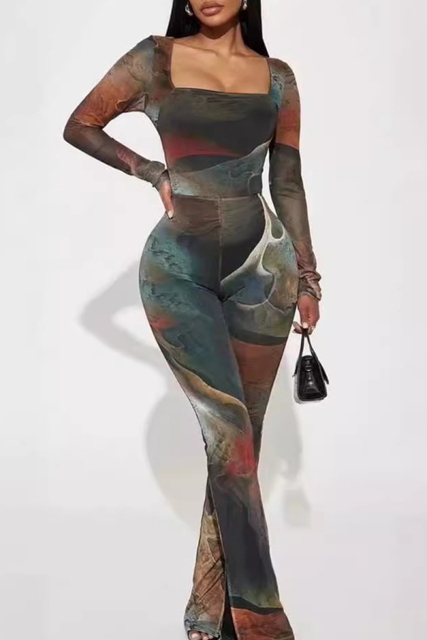 Multicolor Elegant Print Patchwork Slit Square Collar Regular Jumpsuits