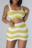 Yellow Casual Striped Patchwork Backless Contrast Square Collar Sleeveless Two Pieces