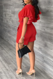 Red Casual Solid Flounce V Neck Short Sleeve Two Pieces