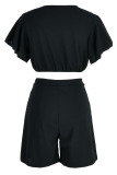 Black Casual Solid Flounce V Neck Short Sleeve Two Pieces