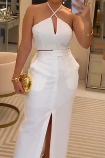 White Sexy Solid Slit Halter Sleeveless Two Pieces