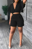 Black Casual Solid Flounce V Neck Short Sleeve Two Pieces