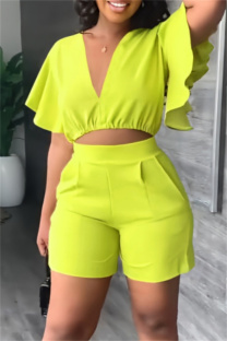 Fluorescent Yellow Casual Solid Flounce V Neck Short Sleeve Two Pieces
