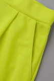 Fluorescent Yellow Casual Solid Flounce V Neck Short Sleeve Two Pieces