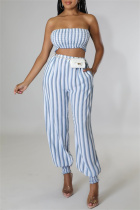 Blue Sexy Casual Striped Print Backless Strapless Sleeveless Two Pieces