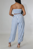 Blue Sexy Casual Striped Print Backless Strapless Sleeveless Two Pieces