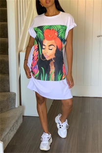 White Casual Print Basic O Neck Short Sleeve Short Sleeve Dress