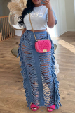 Blue Sexy Solid Tassel Ripped Patchwork Straight High Waist Straight Solid Color Bottoms