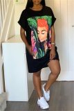 Black Casual Print Basic O Neck Short Sleeve Short Sleeve Dress