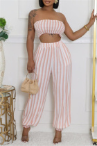 Pink Sexy Casual Striped Print Backless Strapless Sleeveless Two Pieces