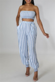Blue Sexy Casual Striped Print Backless Strapless Sleeveless Two Pieces