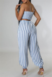 Blue Sexy Casual Striped Print Backless Strapless Sleeveless Two Pieces