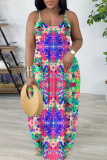 Light Blue Sexy Casual Print Backless Spaghetti Strap Long Dresses