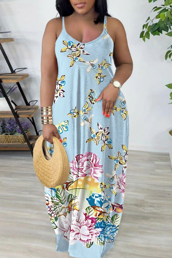 Light Blue Sexy Casual Print Backless Spaghetti Strap Long Dresses