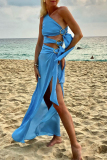 Blue Sexy Solid Hollowed Out Slit Oblique Collar Irregular Dresses