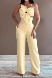 Light Yellow Sexy Solid Hollowed Out Pocket Flowers Regular Jumpsuits