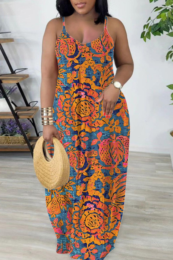 Orange Sexy Casual Print Backless Spaghetti Strap Long Dresses