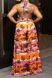 Tangerine Red Sexy Print Patchwork Backless Halter Loose Jumpsuits