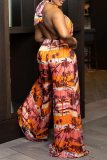 Tangerine Red Sexy Print Patchwork Backless Halter Loose Jumpsuits