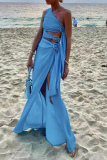Blue Sexy Solid Hollowed Out Slit Oblique Collar Irregular Dresses