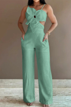 Green Sexy Solid Hollowed Out Pocket Flowers Regular Jumpsuits