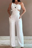 Light Yellow Sexy Solid Hollowed Out Pocket Flowers Regular Jumpsuits
