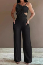 Black Sexy Solid Hollowed Out Pocket Flowers Regular Jumpsuits