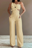 Light Yellow Sexy Solid Hollowed Out Pocket Flowers Regular Jumpsuits