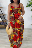 Light Blue Sexy Casual Print Backless Spaghetti Strap Long Dresses