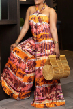 Tangerine Red Sexy Print Patchwork Backless Halter Loose Jumpsuits