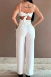 Light Yellow Sexy Solid Hollowed Out Pocket Flowers Regular Jumpsuits