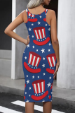 Tibetan Blue Casual The stars American Flag Print Contrast U Neck One Step Skirt Dresses