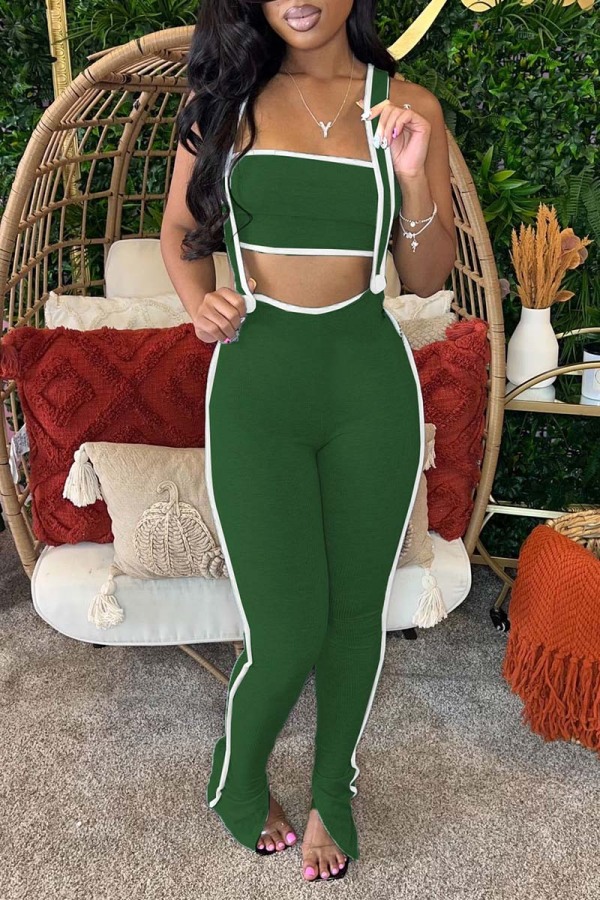 Green Casual Solid Patchwork Backless Spaghetti Strap Sleeveless Two Pieces
