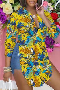 Yellow And Blue Casual Print Patchwork Slit Shirt Collar Tops